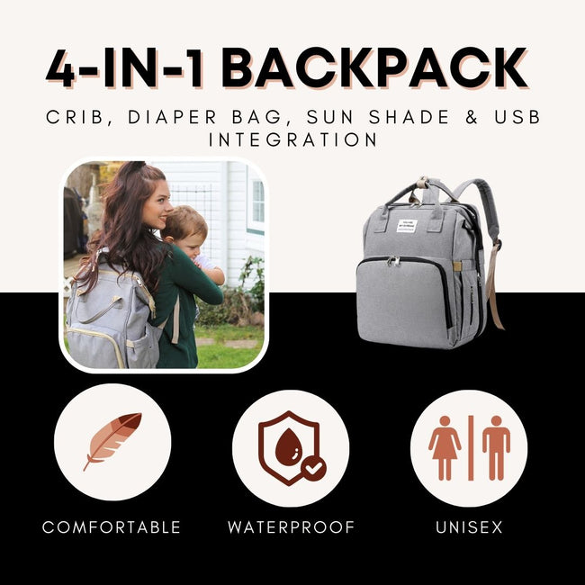 4-in-1 Backpack - Crib, Diaper Bag, Sun Shade & USB Integration